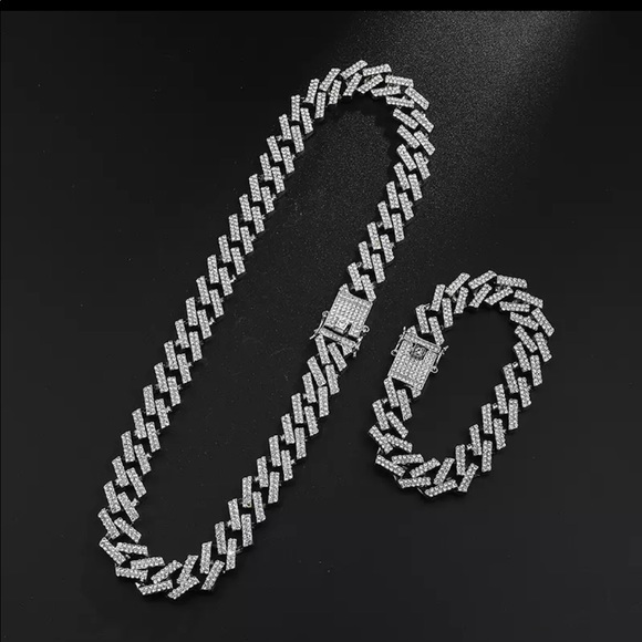 Cuban silver ghetto rock link chain & bracelet set